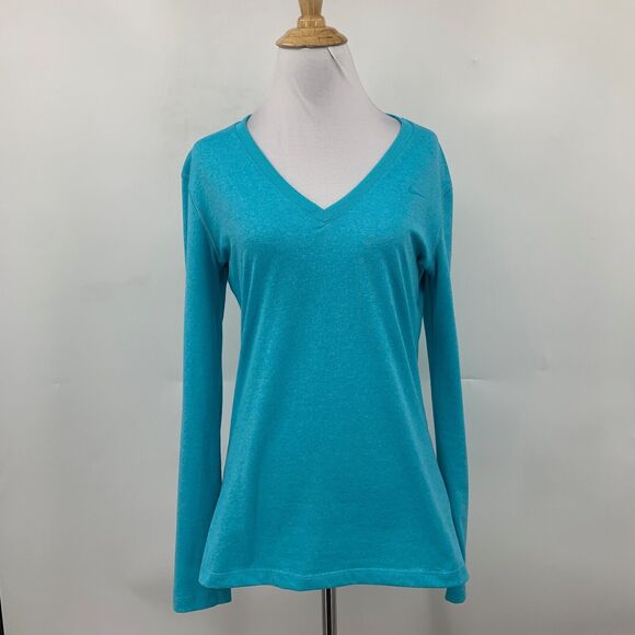 Nike Shirt Women S Small Peacock V Neck Regular Dri Fit Long Sleeve Pullover Tee - Picture 2 of 9